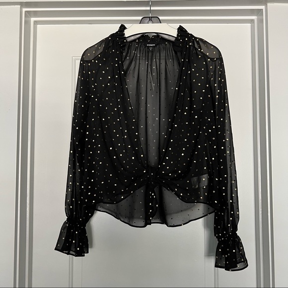 Express Tops - Sheer Metallic Top with Long Sleeves and Open Tie Front